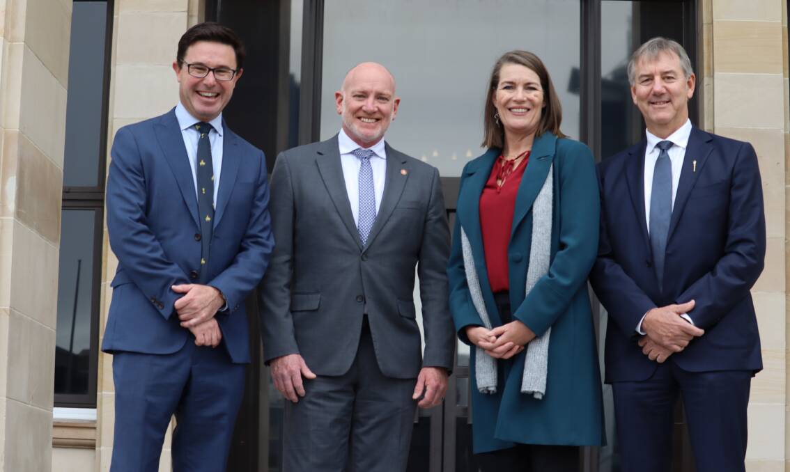 Federal National Party leader David Littleproud (left) with National WA Party MP for agriculture, Colin De Grussa, Federal National Party deputy leader Perin Davey and National WA Party MP for Roe Peter Rundle on the steps of Parliament House in Perth this morning.
