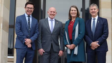 Federal National Party leader David Littleproud (left) with National WA Party MP for agriculture, Colin De Grussa, Federal National Party deputy leader Perin Davey and National WA Party MP for Roe Peter Rundle on the steps of Parliament House in Perth this morning.