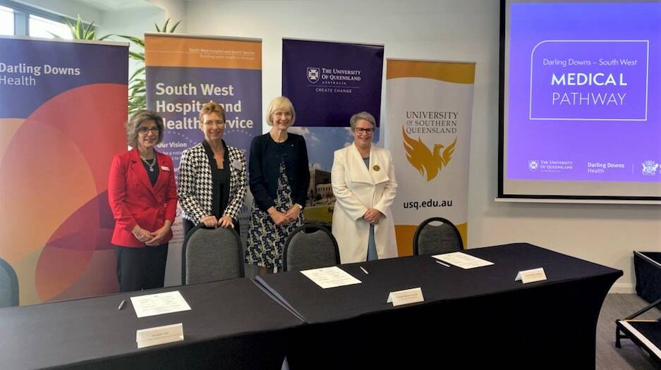 Annette Scott PSM, Darling Downs Health, Karen Tully, South West Hospital and Health Service, Professor Deborah Terry AO, UQ, and Professor Geraldine Mackenzie, USQ at the signing of the Memorandum of Understanding in Toowoomba. Picture supplied.