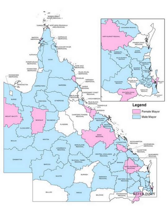 Pink power: There are still far more men than women mayors, according to this LGAQ map. Some areas shaded white may yet take on a pink tinge.