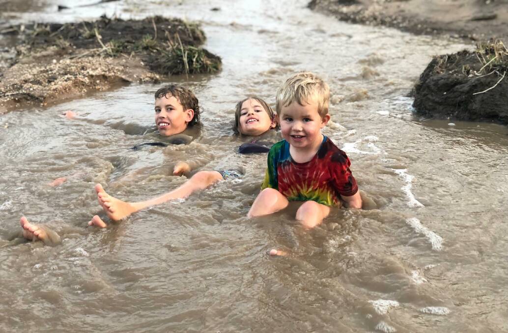  Oscar, Imogen and Hugo Finger, aged 11, 7 and 3, loved the unexpected opportunity for a swim on Wednesday. Photos - Rhiannon Finger.