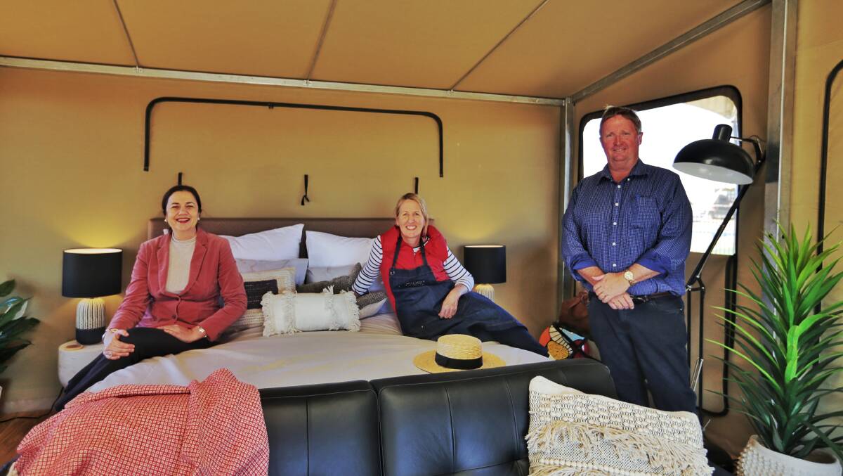 Premier Palaszczuk with Tanya and Dave Neal at their new Mitchell Grass Retreat glamping venture on the outskirts of Longreach. Pictures supplied.
