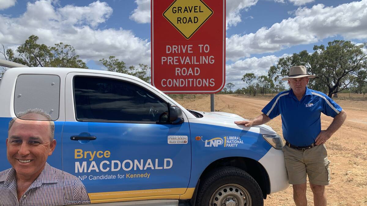 LNP Kennedy candidate Bryce Macdonald inspecting the state of some of the roads in the electorate as he campaigns. Picture supplied.
