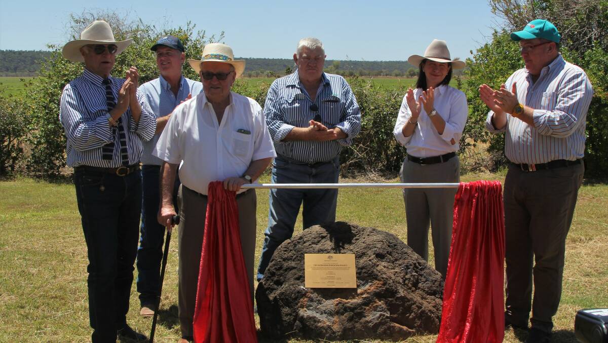 Former Queensland Treasury Corporation chairman Sir Leo Hielscher and assistant minister for road safety and freight transport Scott Buchholz unveil the foundation stone to the acclaim of Kennedy MP Bob Katter, HIPCo chairman Shane McCarthy, Flinders deputy mayor Sean O'Neill and and Senator Susan McDonald.