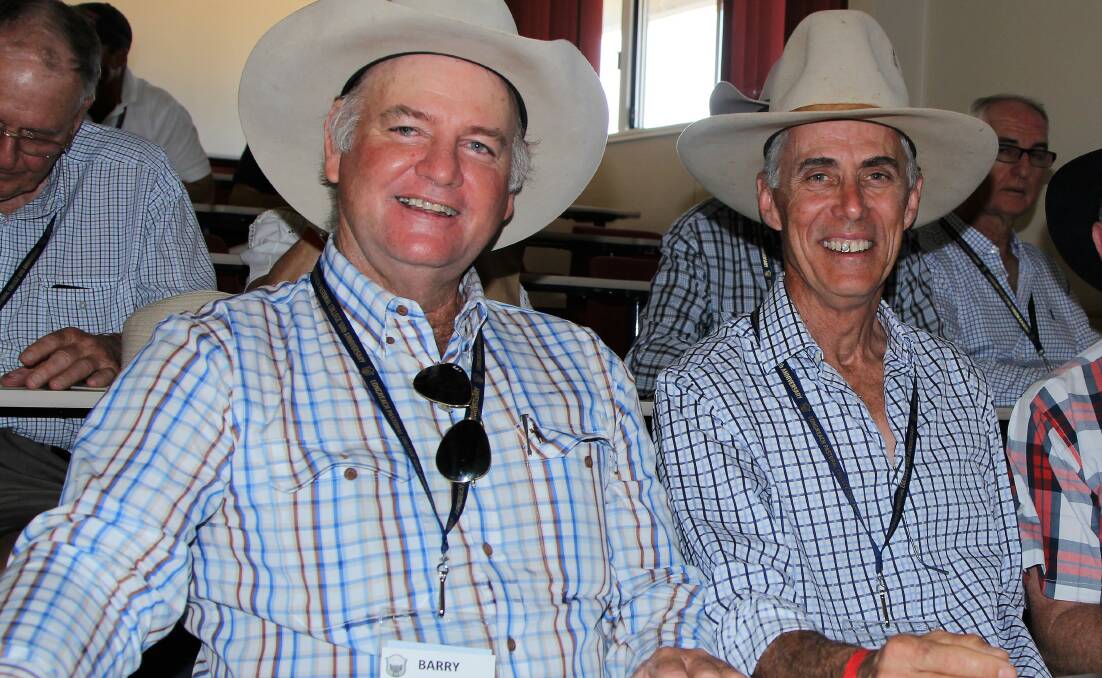 Barry Hughes and Scott Fraser going back to school, at the 2017 Longreach Pastoral College industry forum held as part of the golden anniversary celebrations. Picture - Sally Cripps.