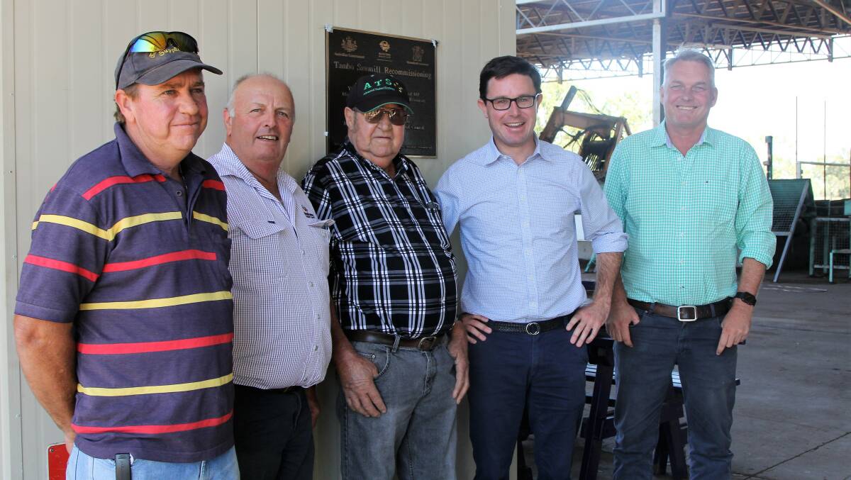Sawmill operators Jason and Bob Sladden pictured with Blackall-Tambo mayor, Andrew Martin, federal Agriculture Minister, David Littleproud, and the Member for Gregory, Lachlan Millar, at the sawmill opening.