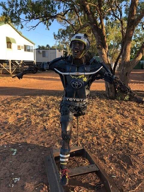 The scrap metal statue of Johnathan Thurston awaiting placement at its new home on the Lake Dunn Sculpture Trail north of Aramac. Picture supplied.