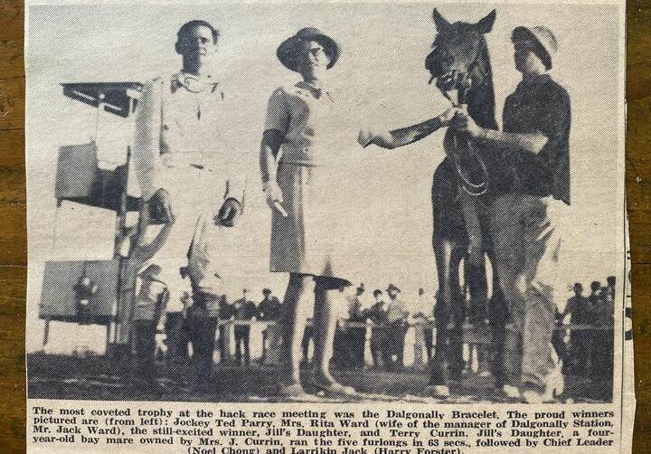 The presentation of the Dalgonally Bracelet, year unknown. Jockey Ted Parry and Dalgonally manager's wife Rita Ward are in the picture, along with the winner Jill's Daughter and Terry Currin. The mare was raced by Mrs J Currin. Picture supplied.