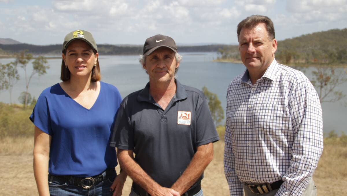 Paradise Dam manager Gary Dundas, centre, joined opposition leader Deb Frecklington and Member for Burnett Stephen Bennett at the Paradise Dam site. He says turtles, platypuses and lungfish will be among those suffering from the loss of water.