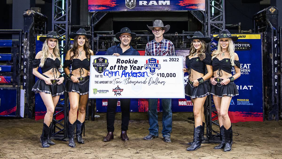 Qynn Anderson, Koumala, accepts his cheque as PBR Australia Rookie of the Year for 2022. Picture: Stephen Mowbray