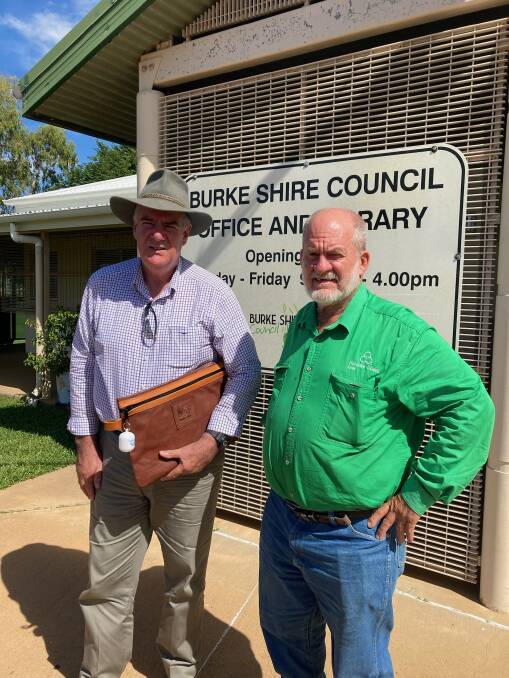Agriculture Minister Mark Furner and Burke Shire mayor Ernie Camp discussing the damage in the shire. Picture: supplied