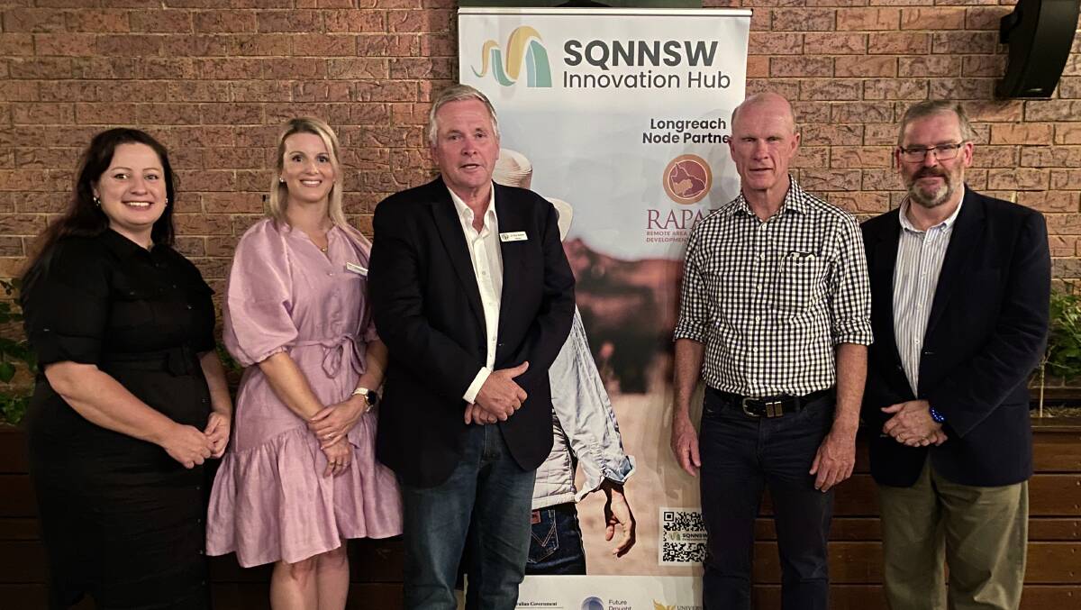 Longreach Node manager Ally Murray with Hub manager Leia Grimsey, RAPAD chair Tony Rayner, RAPAD CEO David Arnold and Hub director John McVeigh at the official launch of the already very active node of the SQNNSW Innovation Hub, hosted from the RAPAD Longreach office. Picture: RAPAD