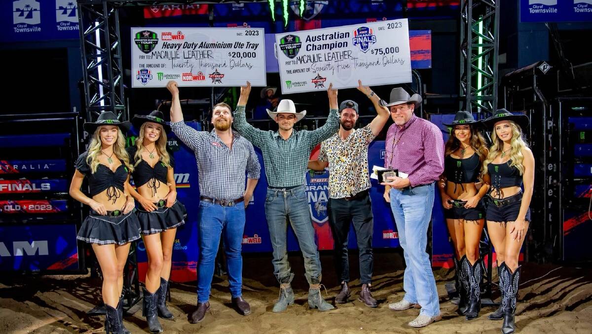 PBR Australia's 2023 champion Macaulie Leather, centre, and sponsors with cheques for some of the prizemoney he collected on Saturday night. Picture: David Lobwein