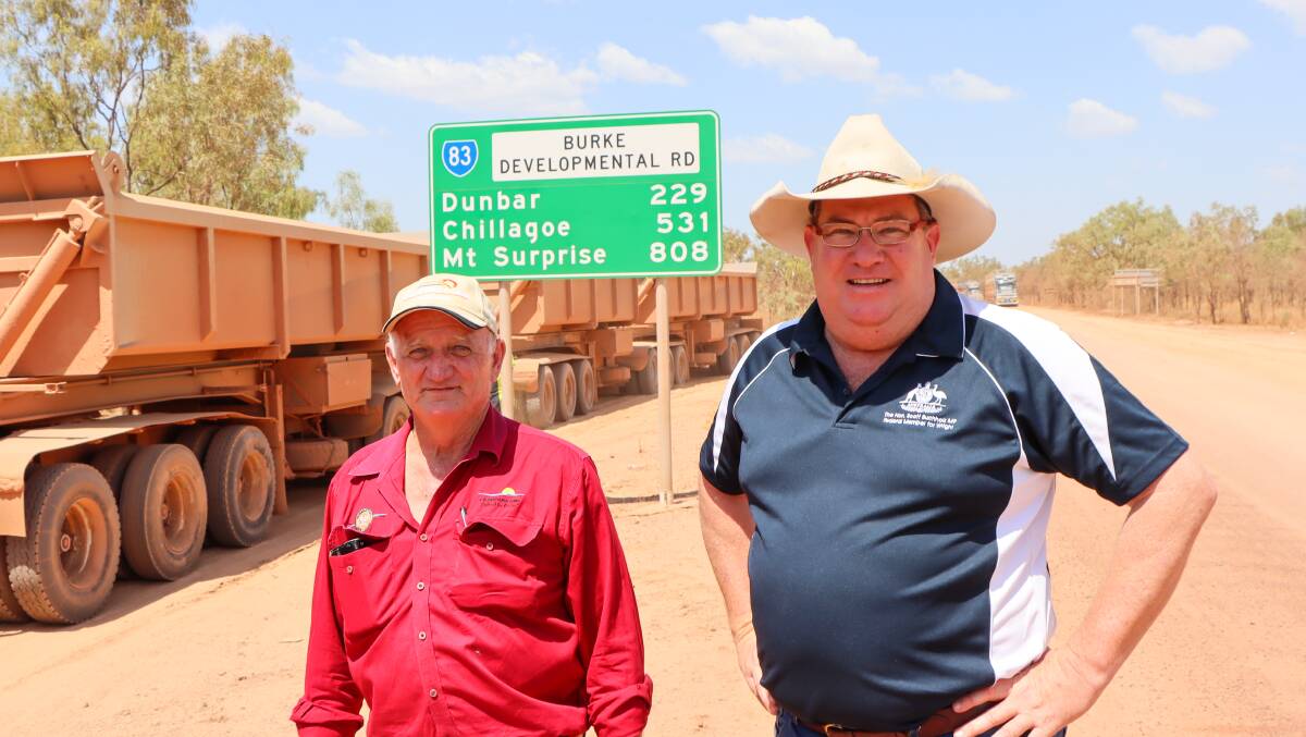 Carpentaria Shire mayor Jack Bawden showing Scott Buchholz the work being undertaken on the Burke Developmental Road, which has $50m allocated under the Roads of Strategic Importance program.