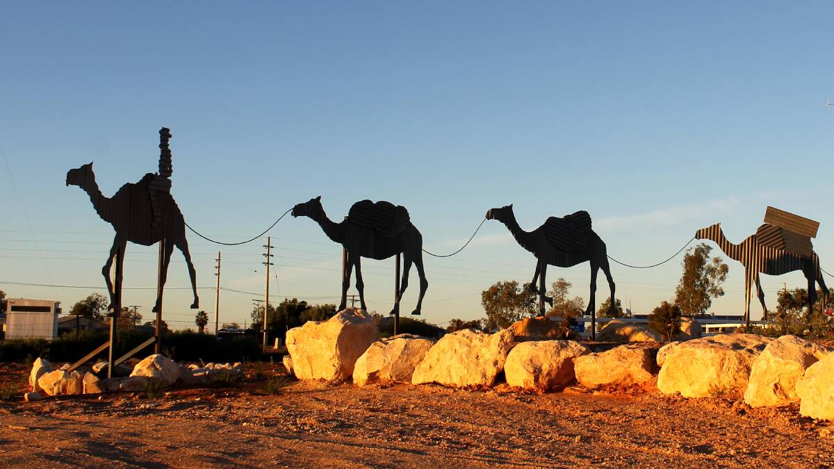 Camel power sculpture at the entrance to Birdsville.