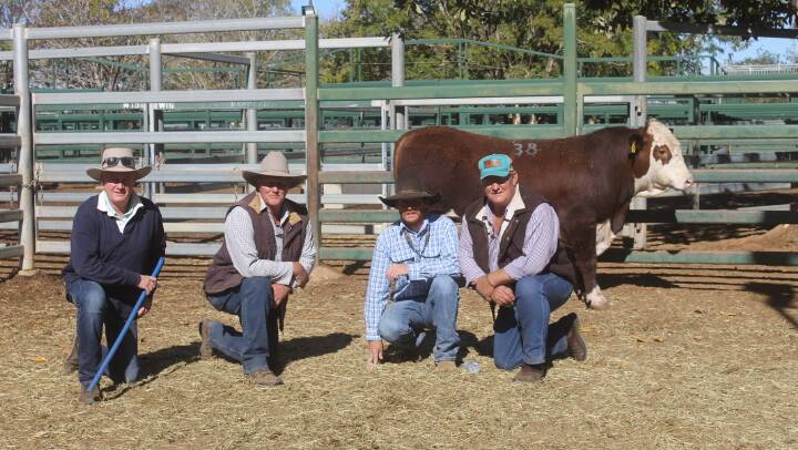 Scott Bredhauer, Lambert, with Tony, Kelly and Bevan Hauff, CA Hauff and Sons, Blackall, and the top priced Hereford bull. Photos: Holly Macdonald