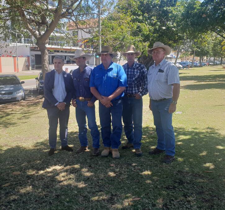 The Member for Traeger Rob Katter with flood-affected Charters Towers graziers Bram Smith, Greg Elliott, Jim Petersen, and Peter Fryer.