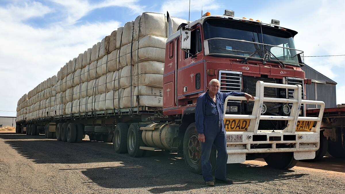 The National Road Transport Hall of Fame says there was no straighter load of wool than when Nev Noske loaded it. This triple load has 378 bales from three separate properties, hitched to Nev's 1988 Mack Ultraliner V8 prime mover in September 2020. Picture: Sally Gall.