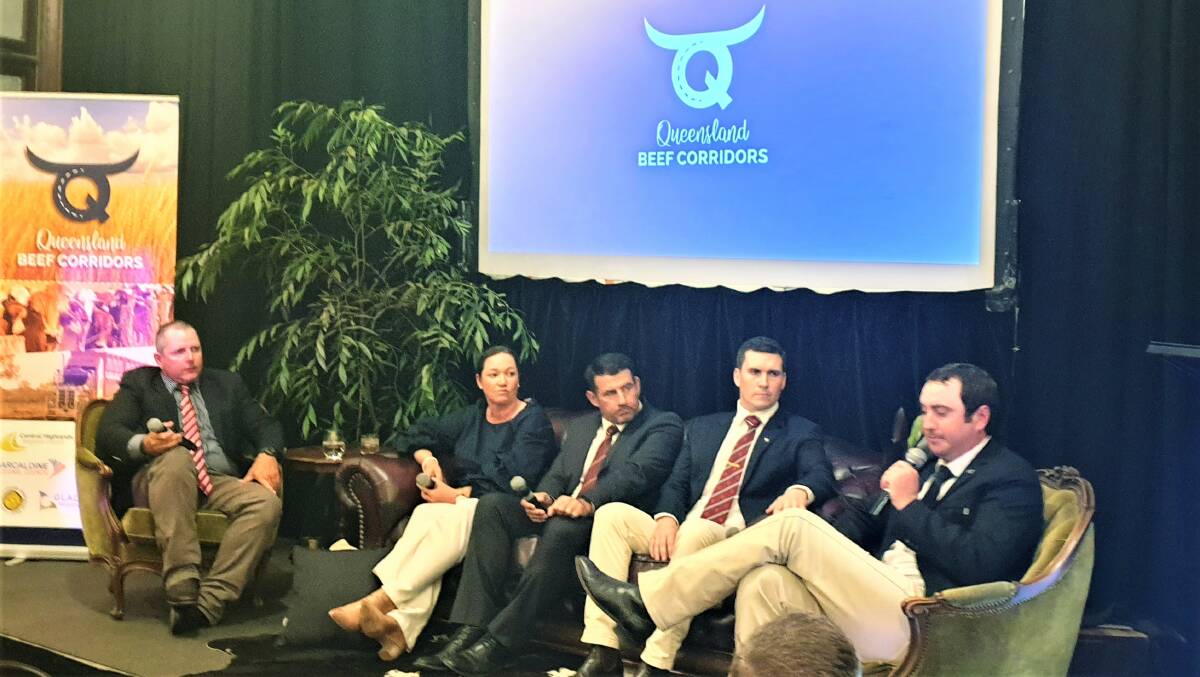 A panel consisting of Alpha and Springsure graziers Fred Appleton and Bernadette Paine, Livestock and Rural Transporters Association of Queensland president Gerard Johnson, based in Tambo, Teys Australia's general manager of operations at Biloela, Ethan Mooney, and Harry Kemp, Lotus Park Feedlot, Lotus Creek.
