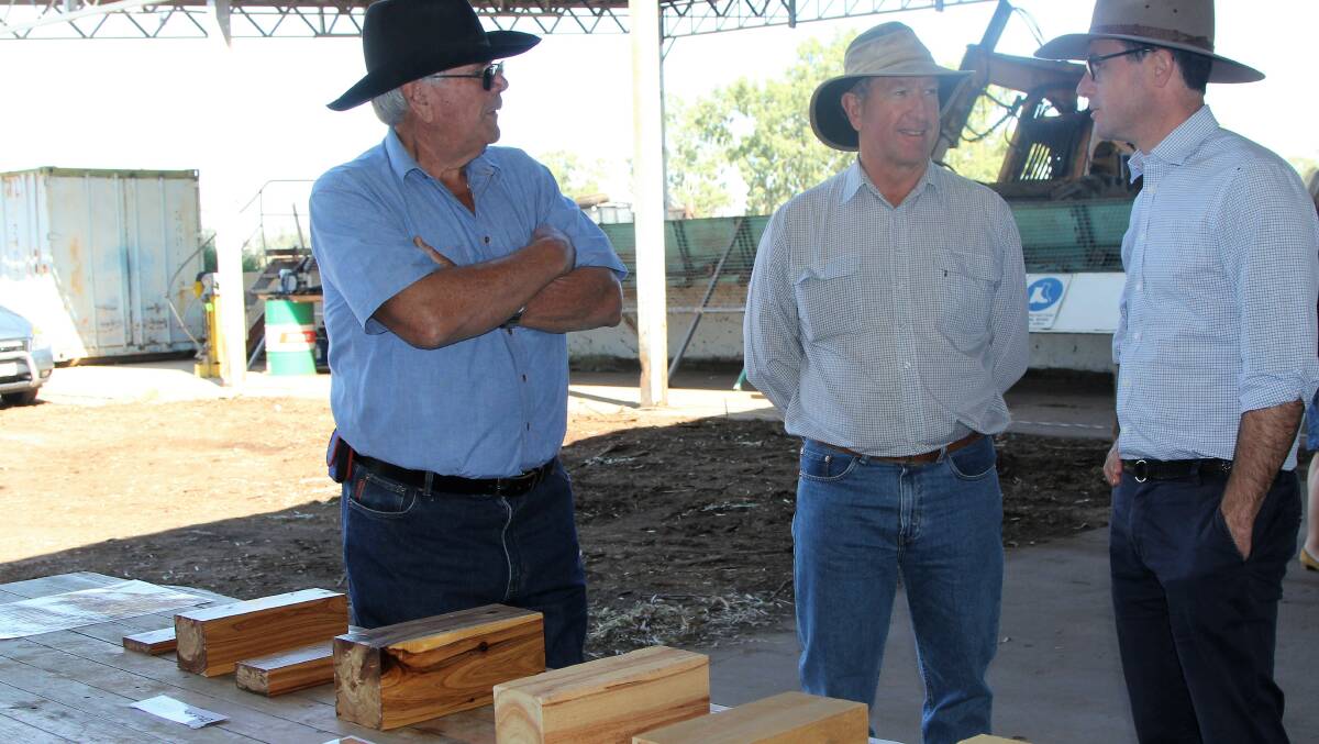 Department of Agriculture, forestry branch, staff members, Howard Benson and Trevor Beetson, were on hand for the opening, looking at some of the mill's finished product with federal Agriculture Minister, David Littleproud.