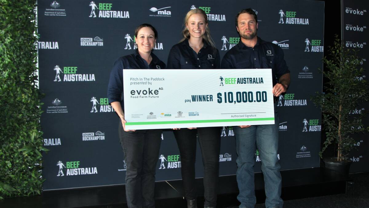 Black Box founders Emma Black and Shannon Speight, along with northern accounts manager Sam Fryer, following the presentation of their Beef Australia 2021 Pitch in the Paddock win. Photo - Sally Gall.