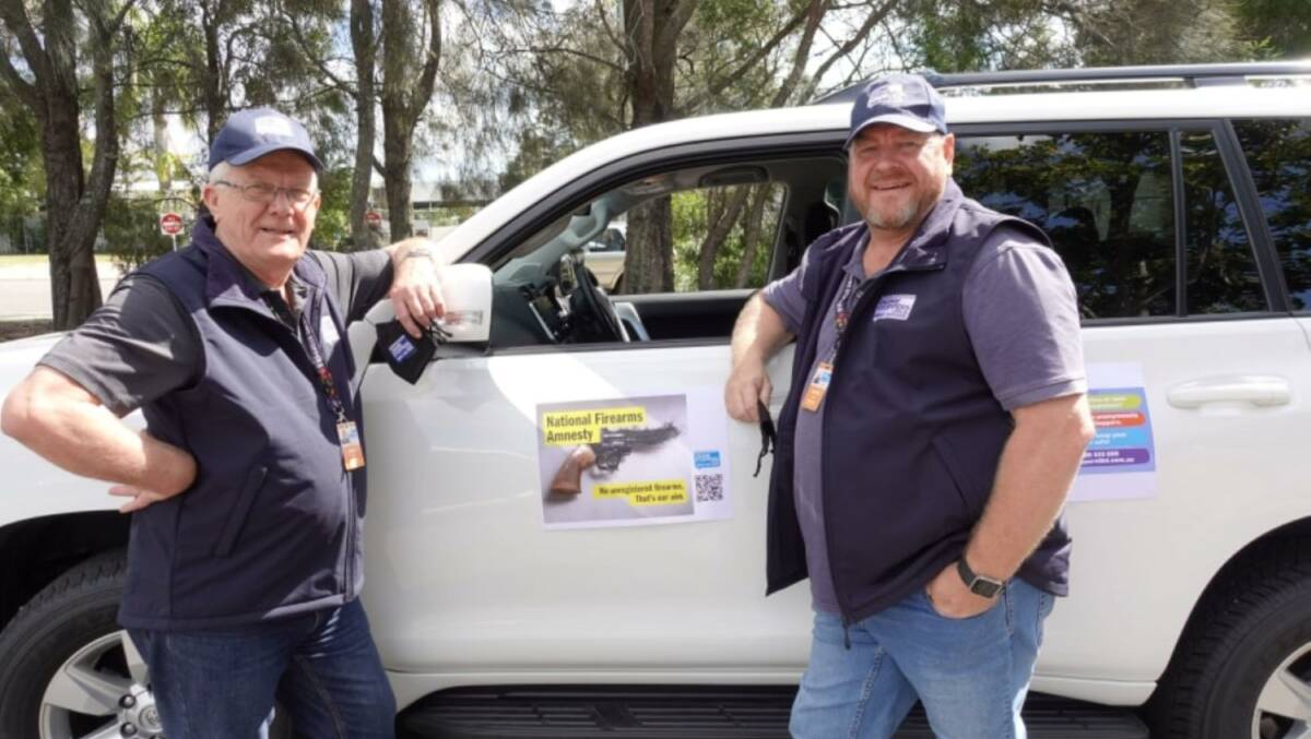 Crime Stoppers Queensland directors and volunteers Andrew Jones and Greg Beale have hit the road to share the message about the permanent gun amnesty. Photo: Supplied