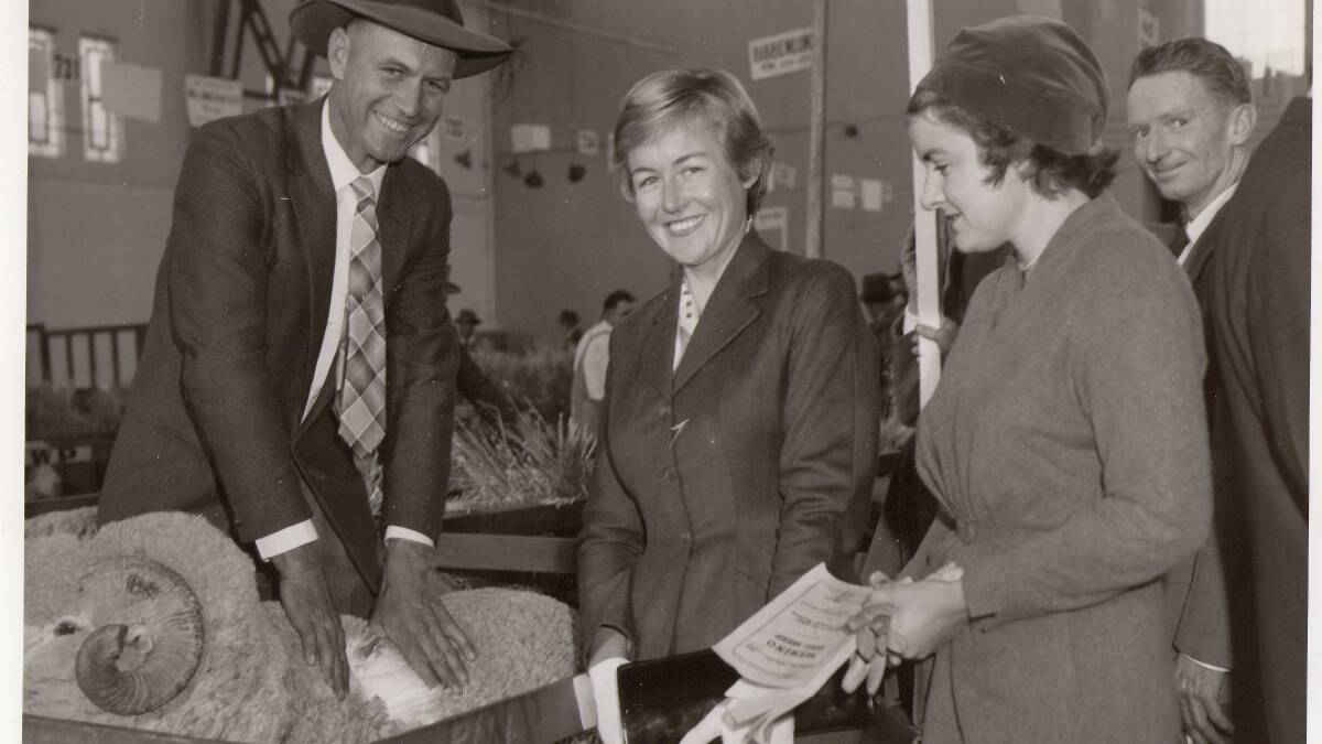 Ken Riley at the 1958 Sydney Sheep Show with his sisters Meg Blowes and Jane Virtue, and Blue McMaster. 