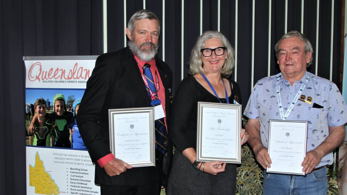 New ICPA Queensland life member Di Selby, Moonie branch, flanked by certificate of appreciation recipients Andrew Pegler, Yaraka-Isisford branch, and Jack Beach, Julia Creek branch.