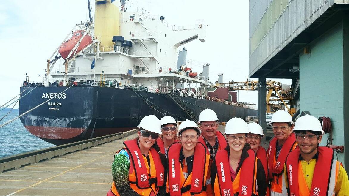 Local growers Melissa Royale, Miranda Peitrobon, Ellie McVeigh, Remo Peitrobon, Shannon OBrien, Jenny Davis, Mike Davis and Hayden Di Bella visit the STL Lucinda Bulk Sugar Terminal to view the sugar loading process as part of a series of terminal tours organised by QSL. Picture supplied.