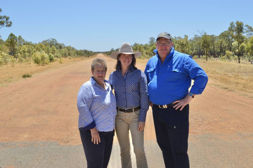 Flinders shire mayor Jane McNamara inspects the Hann Highway with Senator Susan McDonald and federal assistant minister for freight transport Scott Buchholz.