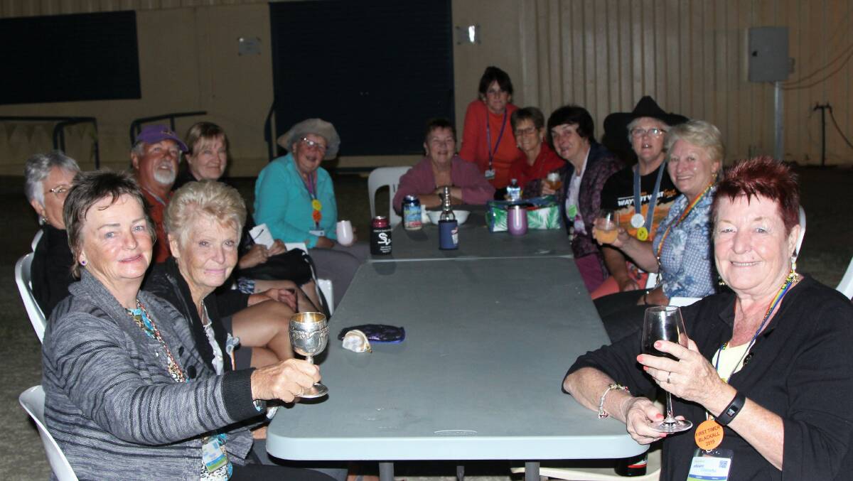 Some of the south east Queensland Kookaburra chapter of the Solos enjoying Happy Hour at the Blackall Showgrounds.