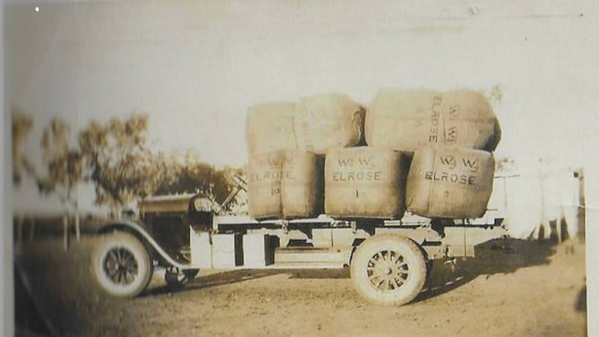 Bales of Elrose wool loaded and ready for driving out to market last century.