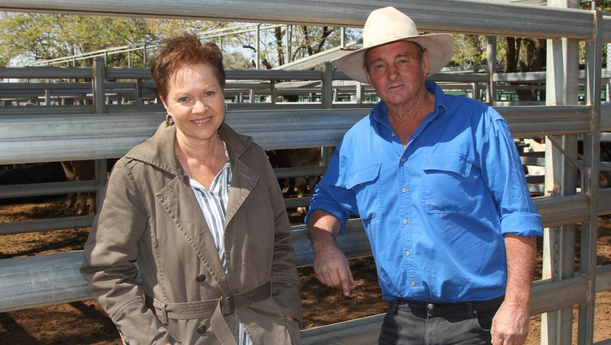 Cathy and Russell Hall, Betanga, Alpha, were on hand for the sale of their Charolais cross steers at Blackall.