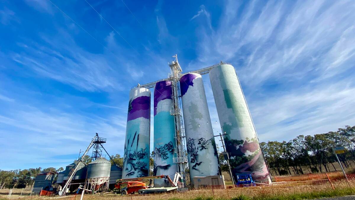 One perspective of the artwork on the grain silos at Monto in its early stages. Pictures by Amanda Salisbury.
