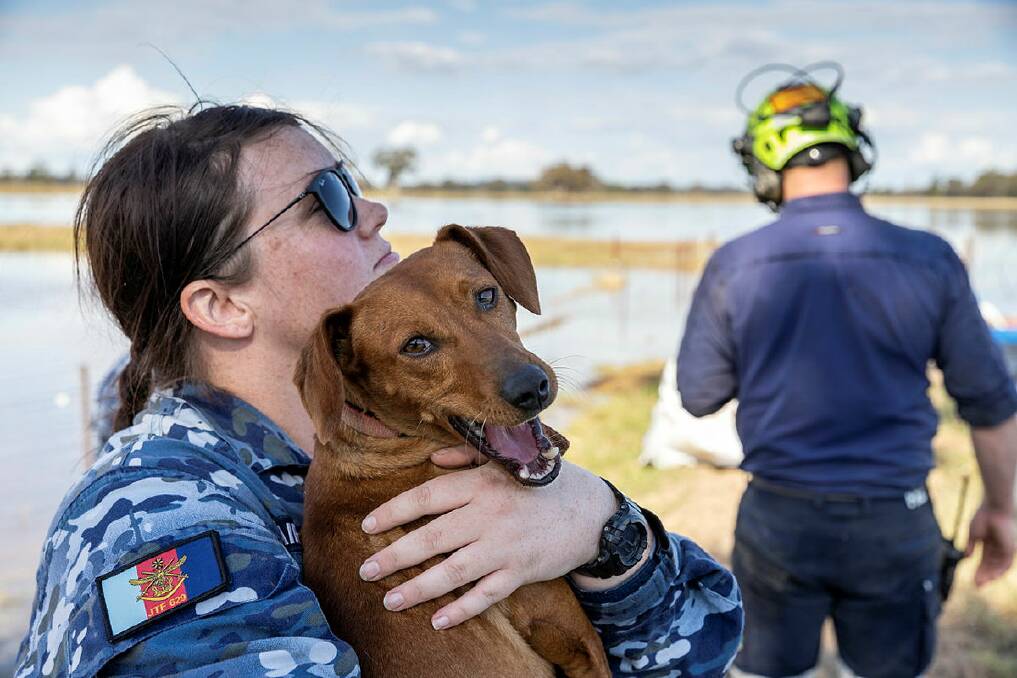 Leading Aircraftwoman Anya Morris holds Russell as a NSW Rural Fire Service helicopter delivers sandbags to Stephen and Margaret Redferns property, thirty kilometres west of Forbes, to assist in retaining a burst water levy during Operation Flood Assist. Picture: David Cotton, ADF
