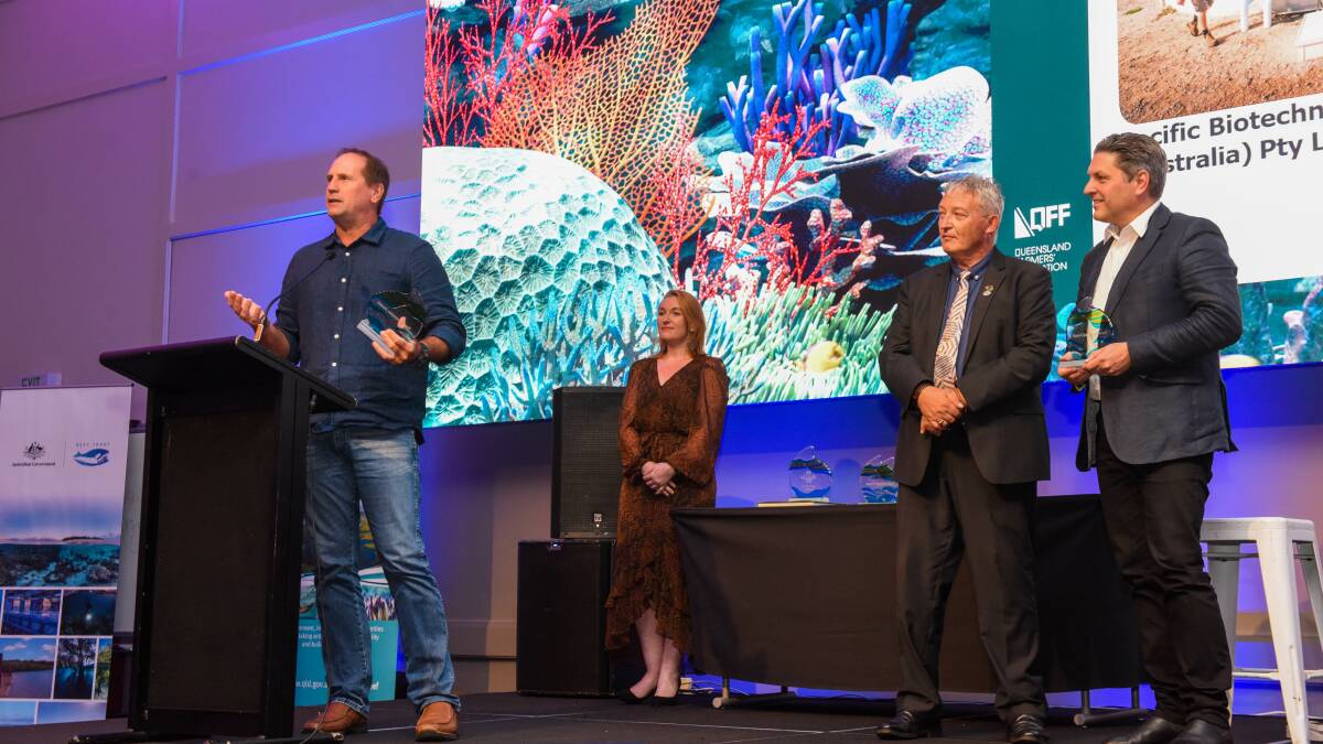 Jason Bradford accepting his Reef Conservation Champion Award at the 2022 Queensland Farmers Federation Awards. Pictures: Supplied