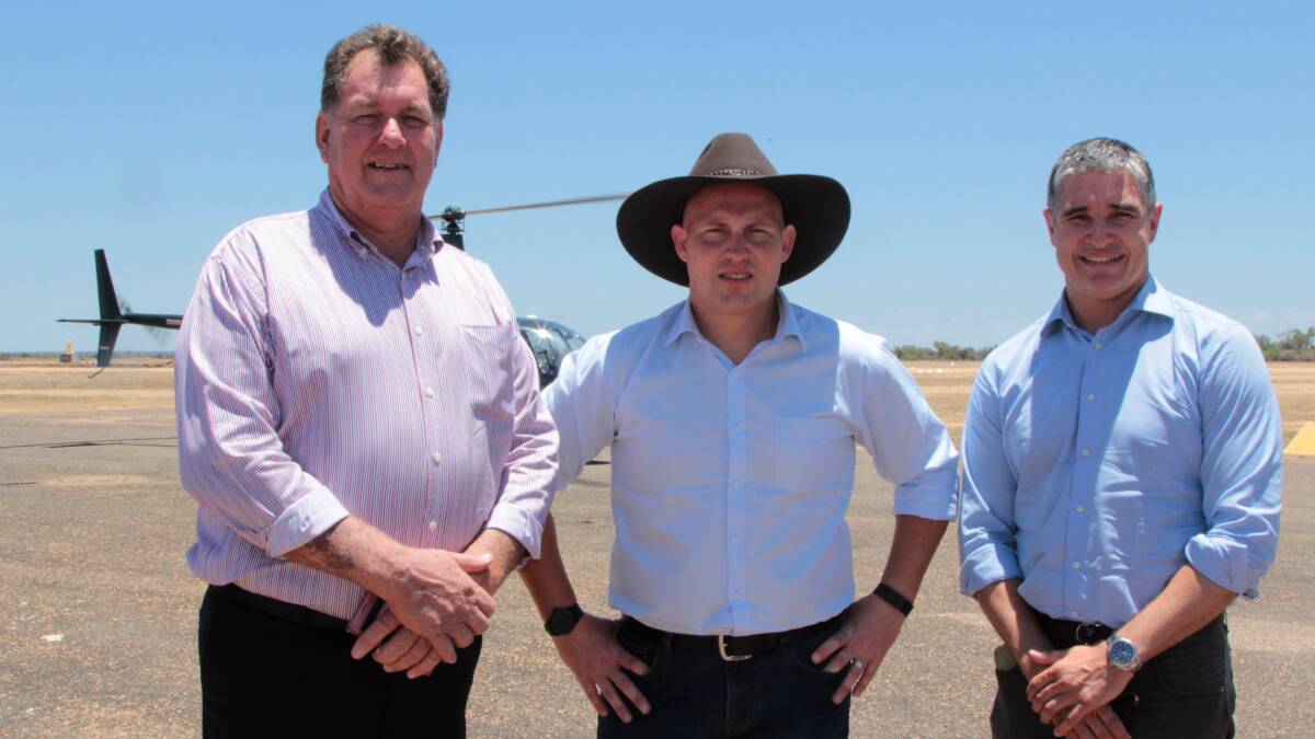 Getting ready to inspect the Hann Highway by chopper from Hughenden last Friday were Flinders shire mayor Greg Jones, state Treasurer Curtis Pitt and Member for Mount Isa, Rob Katter.
