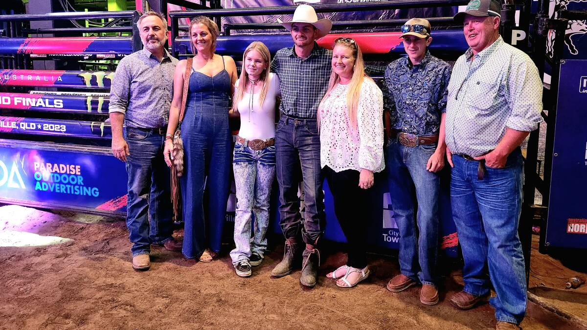 Macaulie Leather, centre, surrounded by family after being named PBR Australia's 2023 champion. Picture: Sally Gall