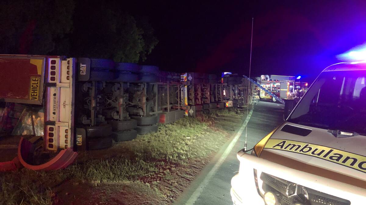 A B-double rollover at the intersection of the Dawson and Leichhardt Highways on the outskirts of Banana in January, one of many that contribute to data being gathered on truck crashes.