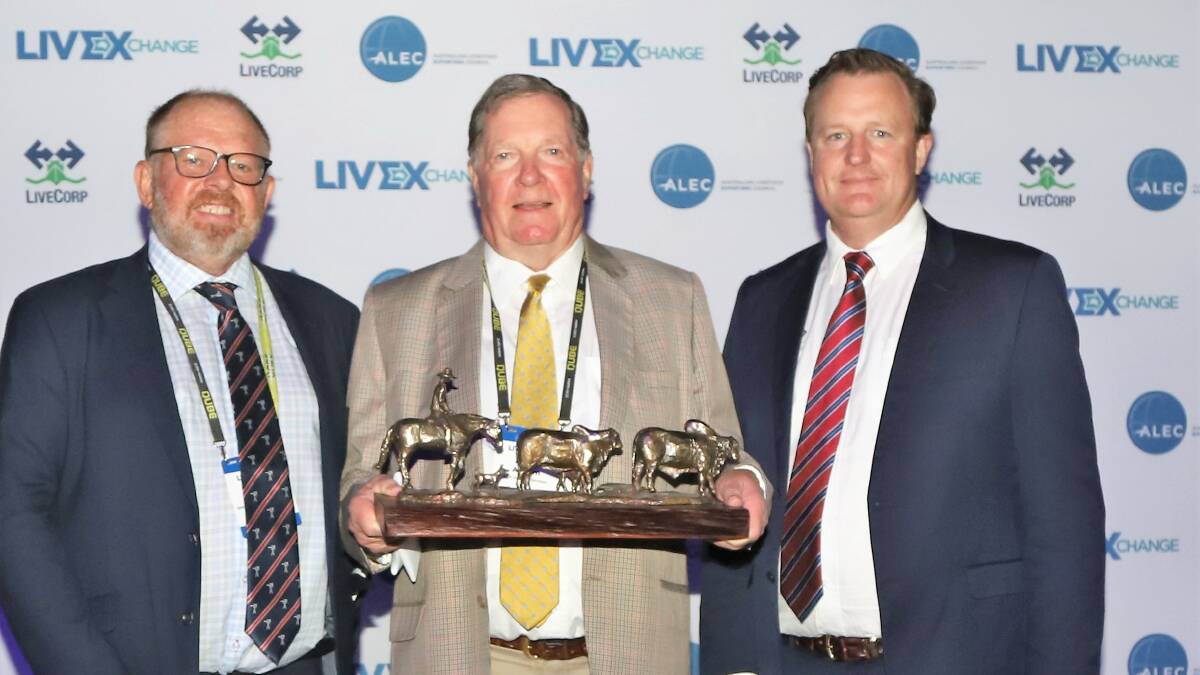 Representing the Queensland Live Exporters Association, Greg Pankhurst, lifetime achievement awardee Angus Adnam, and Livecorp chair Troy Setter following the presentation in Darwin. Picture: Sally Gall