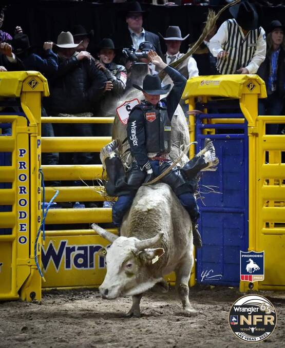 Ky Hamilton bucking out on one of the bulls he faced at the national finals at Las Vegas. Picture: 4BarC