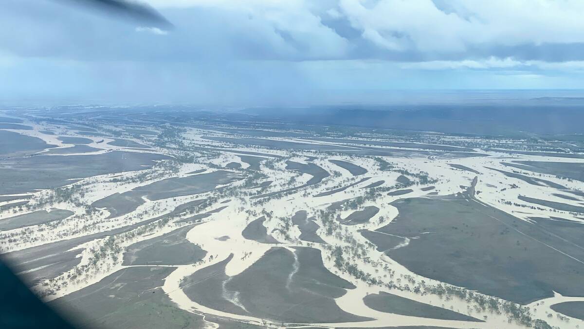 Channels from recent rain expanding across floodplains around Winton before eventually making their way into the Diamantina River. Picture - Lachlan Millar.
