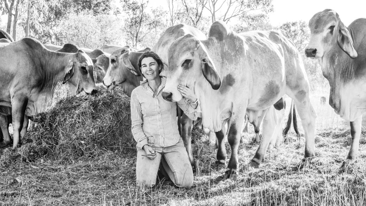 Moira Lanzarin with some of the 2020 Coodardie Brahman sale bulls. Picture: Katherine Morrow