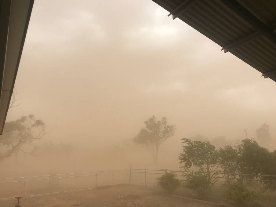 The scene at Everton, Aramac on Sunday afternoon. Annie Murphy's grandmother's home 300m away is obscured by dust. Photo supplied.