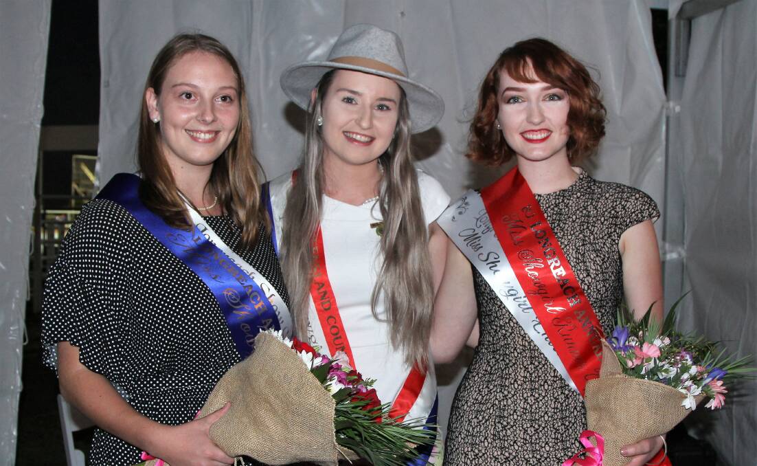 Longreach's 2019 Miss Showgirl Anna Finlayson with 2018 Queensland Country Life Miss Showgirl Michaela Tapp and Longreach runner-up Lily Smith. Pictures - Sally Cripps.