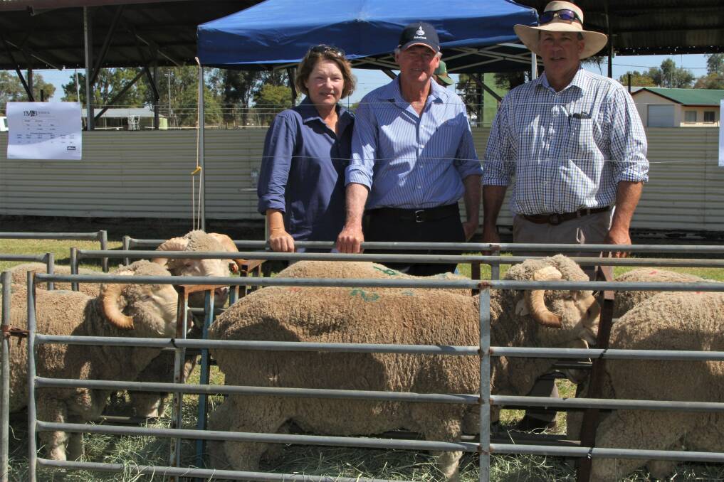 Terrick Merinos principals Jenny and Rick Keogh admiring the top priced sale ram with his purchaser, Will Chandler, Home Creek, Barcaldine.