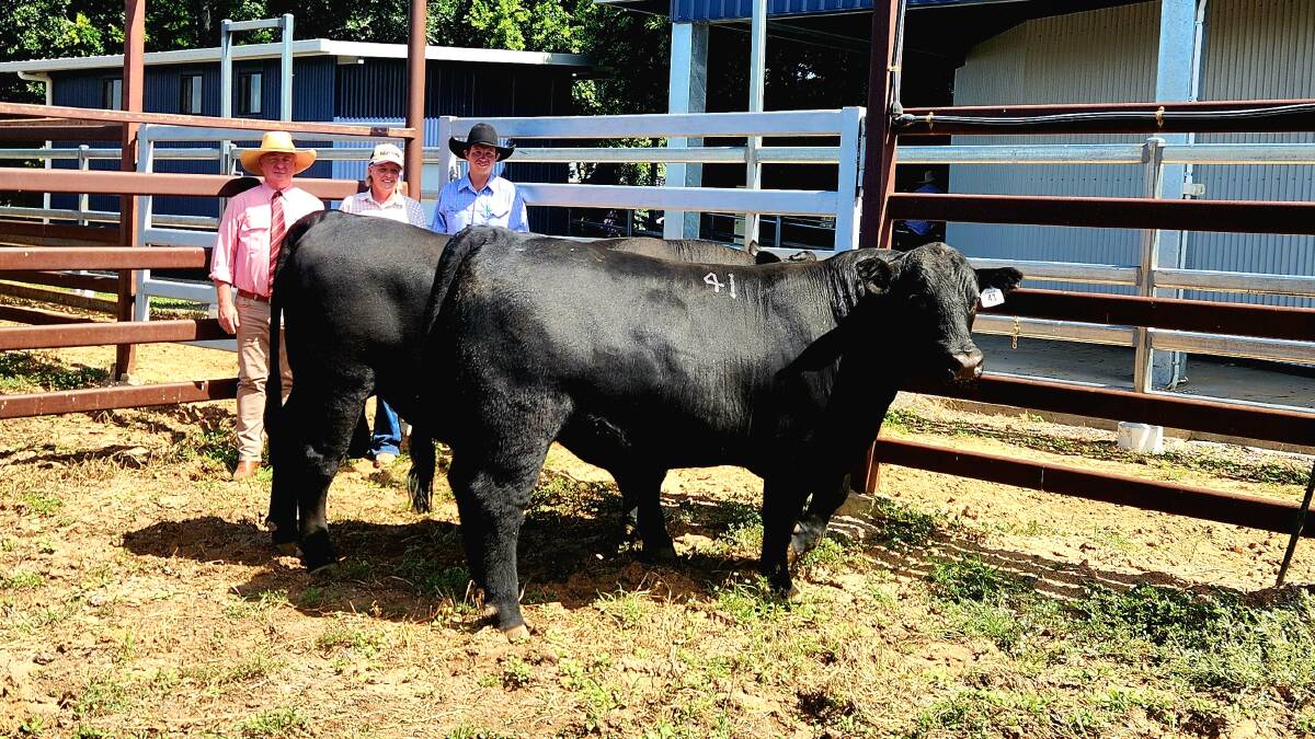 Elders studstock representative Andrew Meara with Christine and Stirling Parker, Clare, Jericho and two of the K5X Angus bulls they selected. Picture: Sally Gall