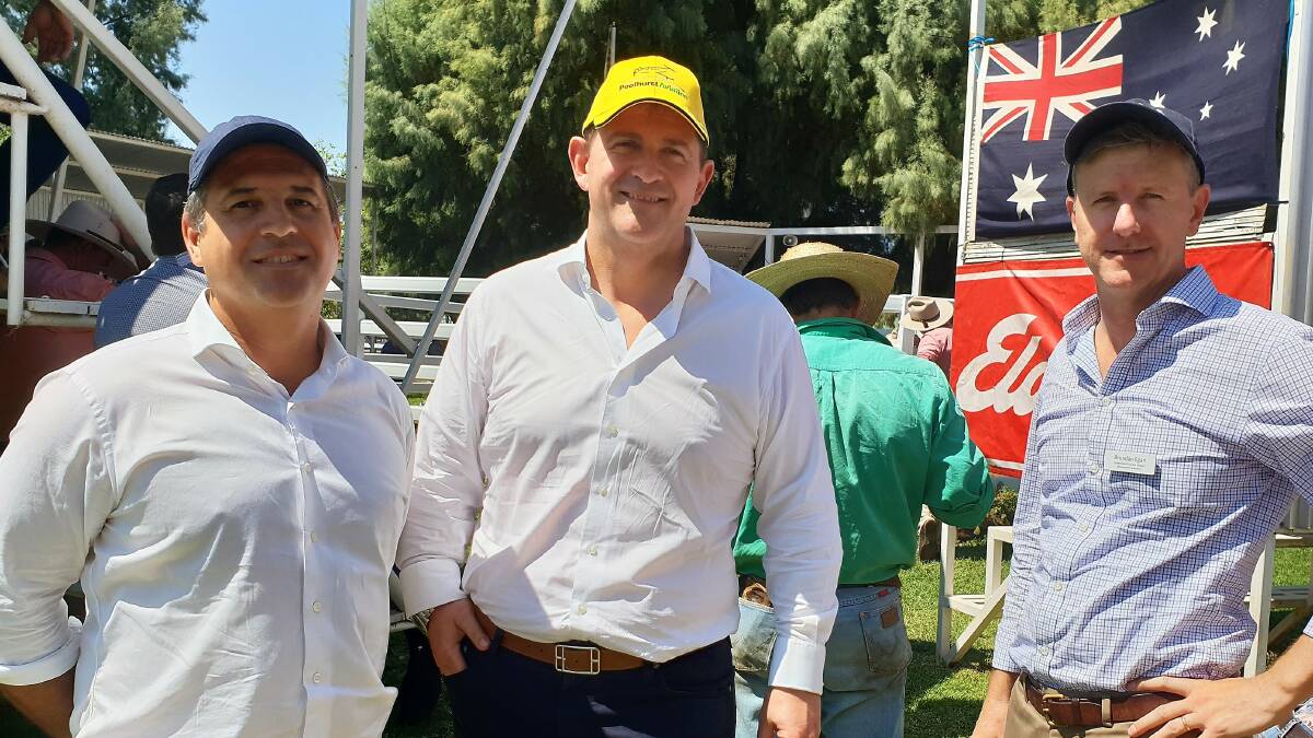 Queensland Treasury Corporation representatives, Mark Girard and Phil Noble, with QRIDA director, Brendan Egan, at the Gowrie bull sale west of Charleville last week. Picture - Sally Cripps.