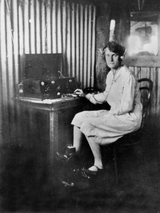 Mrs Gertrude Rothery, Augustus Downs, Cloncurry, ready to receive the first pedal radio transmission.