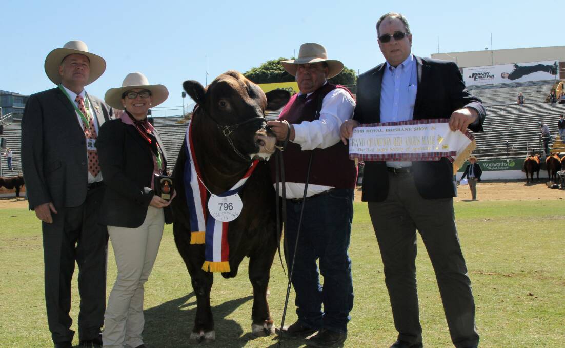 Pictured with Red Angus grand champion bull, K5X Monaro, are judge Peter Fall, Elders representative, Lisa Hedges, Stephen Hayward, and David Spencer, Yuroke, Victoria.